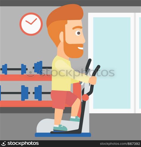 A hipster man with the beard exercising on a elliptical machine in the gym vector flat design illustration. Square layout.. Man making exercises.