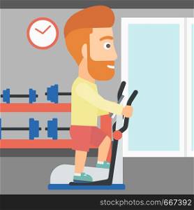 A hipster man with the beard exercising on a elliptical machine in the gym vector flat design illustration. Square layout.. Man making exercises.
