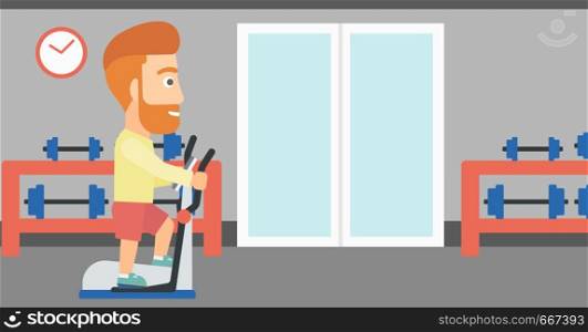 A hipster man with the beard exercising on a elliptical machine in the gym vector flat design illustration. Horizontal layout.. Man making exercises.