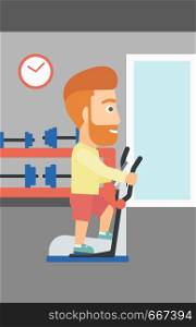 A hipster man with the beard exercising on a elliptical machine in the gym vector flat design illustration. Vertical layout.. Man making exercises.