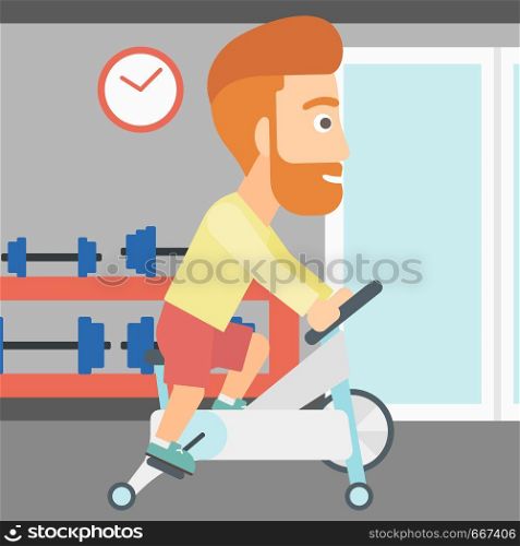 A hipster man with the beard exercising on stationary training bicycle in the gym vector flat design illustration. Square layout.. Man doing cycling exercise.