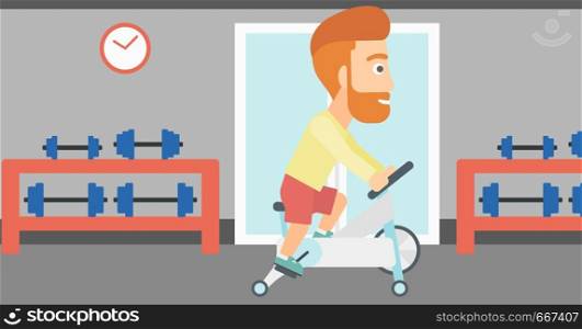A hipster man with the beard exercising on stationary training bicycle in the gym vector flat design illustration. Horizontal layout.. Man doing cycling exercise.