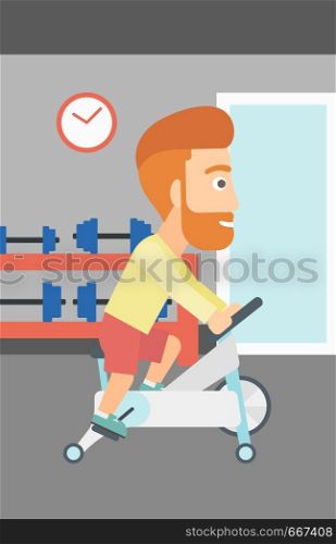 A hipster man with the beard exercising on stationary training bicycle in the gym vector flat design illustration. Vertical layout.. Man doing cycling exercise.