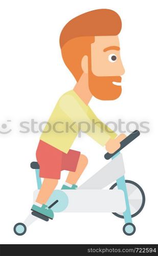 A hipster man with the beard exercising on stationary training bicycle vector flat design illustration isolated on white background. . Man doing cycling exercise.