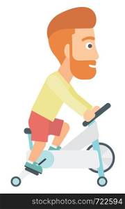 A hipster man with the beard exercising on stationary training bicycle vector flat design illustration isolated on white background. . Man doing cycling exercise.