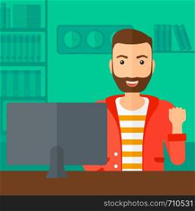 A hipster man with the beard expressing great satisfaction while looking at computer monitor on the background of business office vector flat design illustration. Square layout.. Cheerful successful man.