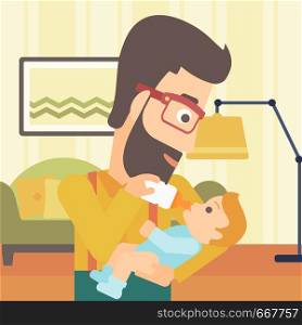 A hipster man with the beard feeding a little baby with a milk bottle on the background of living room vector flat design illustration. Square layout.. Man feeding baby.
