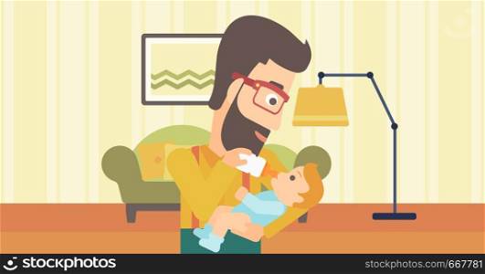 A hipster man with the beard feeding a little baby with a milk bottle on the background of living room vector flat design illustration. Horizontal layout.. Man feeding baby.
