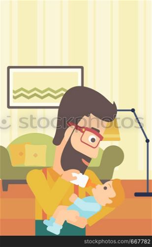 A hipster man with the beard feeding a little baby with a milk bottle on the background of living room vector flat design illustration. Vertical layout.. Man feeding baby.
