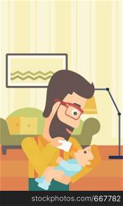 A hipster man with the beard feeding a little baby with a milk bottle on the background of living room vector flat design illustration. Vertical layout.. Man feeding baby.