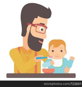 A hipster man with the beard feeding baby vector flat design illustration isolated on white background. . Man feeding baby.