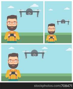 A hipster man with the beard flying drone with remote control. Man operating a drone with remote control. Man controling a drone. Vector flat design illustration. Square, horizontal, vertical layouts.. Man flying drone vector illustration.