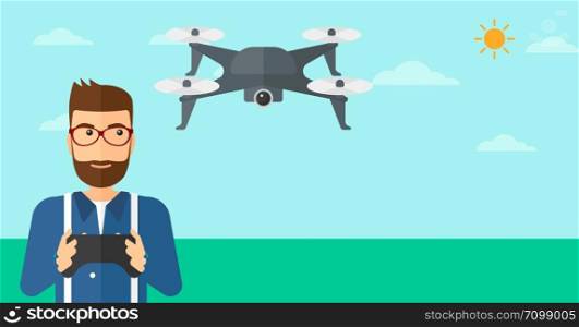 A hipster man with the beard flying drone with remote control on the background of blue sky vector flat design illustration. Horizontal layout.. Man flying drone.