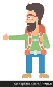 A hipster man with the beard hitchhiking trying to stop a car vector flat design illustration isolated on white background.. Young man hitchhiking.