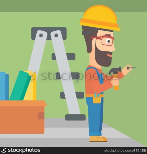 A hipster man with the beard hitting a nail in the wall with a hummer on a background of room with step-ladder vector flat design illustration. Square layout.. Constructor hammering nail.