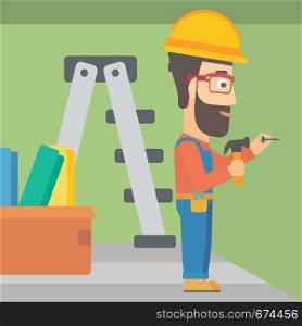 A hipster man with the beard hitting a nail in the wall with a hummer on a background of room with step-ladder vector flat design illustration. Square layout.. Constructor hammering nail.