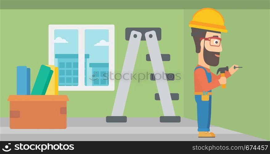 A hipster man with the beard hitting a nail in the wall with a hummer on a background of room with step-ladder vector flat design illustration. Horizontal layout.. Constructor hammering nail.
