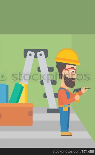 A hipster man with the beard hitting a nail in the wall with a hummer on a background of room with step-ladder vector flat design illustration. Vertical layout.. Constructor hammering nail.