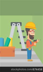 A hipster man with the beard hitting a nail in the wall with a hummer on a background of room with step-ladder vector flat design illustration. Vertical layout.. Constructor hammering nail.