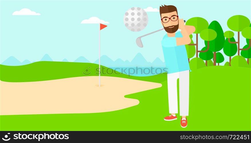 A hipster man with the beard hitting the ball on golf field vector flat design illustration. Horizontal layout.. Golf player hitting the ball.