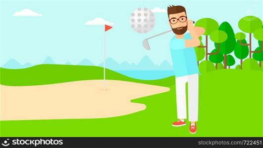 A hipster man with the beard hitting the ball on golf field vector flat design illustration. Horizontal layout.. Golf player hitting the ball.