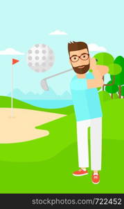 A hipster man with the beard hitting the ball on golf field vector flat design illustration. Vertical layout.. Golf player hitting the ball.