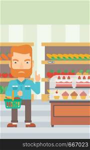 A hipster man with the beard holding a basket full of healthy food and refusing junk food on a supermarket background vector flat design illustration. Vertical layout.. Man holding supermarket basket.