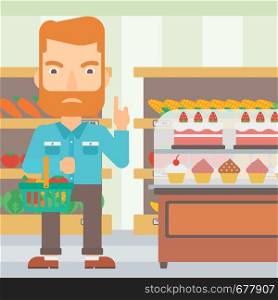 A hipster man with the beard holding a basket full of healthy food and refusing junk food on a supermarket background vector flat design illustration. Square layout.. Man holding supermarket basket.