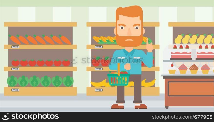 A hipster man with the beard holding a basket full of healthy food and refusing junk food on a supermarket background vector flat design illustration. Horizontal layout.. Man holding supermarket basket.
