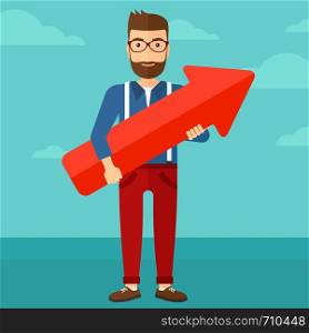 A hipster man with the beard holding a big arrow in hands on the background of blue sky vector flat design illustration. Square layout.. Successful businessman with arrow up.