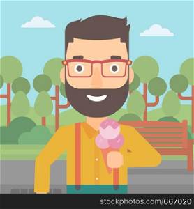 A hipster man with the beard holding a big icecream in hand on a park background vector flat design illustration. Square layout.. Man holding icecream.
