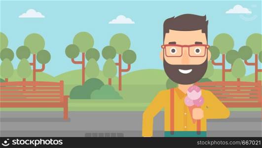 A hipster man with the beard holding a big icecream in hand on a park background vector flat design illustration. Horizontal layout.. Man holding icecream.