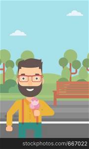 A hipster man with the beard holding a big icecream in hand on a park background vector flat design illustration. Vertical layout.. Man holding icecream.