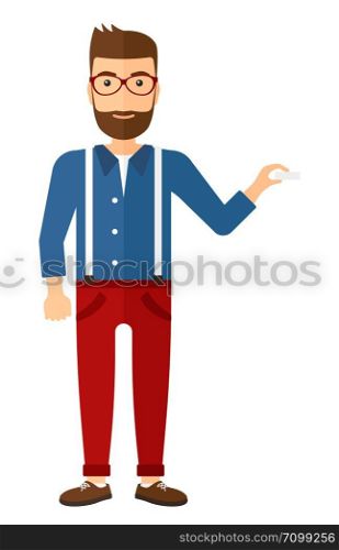 A hipster man with the beard holding a chalk in hand vector flat design illustration isolated on white background. Vertical layout.. Man with chalk in hand.