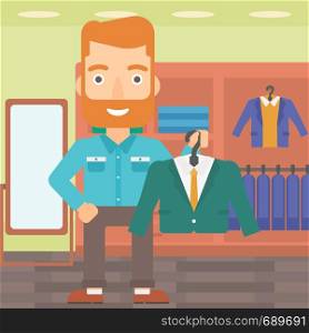 A hipster man with the beard holding a hanger with a jacket on the background of clothes store vector flat design illustration. Square layout.. Man holding jacket.