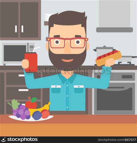 A hipster man with the beard holding a hotdog in one hand and soda in another on a kitchen background vector flat design illustration. Square layout.. Man with fast food.