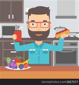 A hipster man with the beard holding a hotdog in one hand and soda in another on a kitchen background vector flat design illustration. Square layout.. Man with fast food.