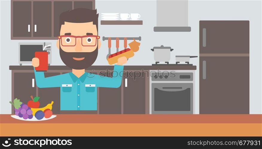 A hipster man with the beard holding a hotdog in one hand and soda in another on a kitchen background vector flat design illustration. Horizontal layout.. Man with fast food.