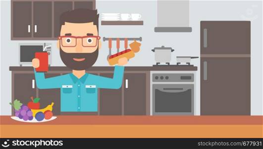 A hipster man with the beard holding a hotdog in one hand and soda in another on a kitchen background vector flat design illustration. Horizontal layout.. Man with fast food.