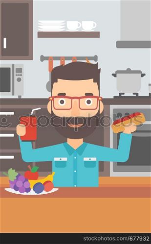 A hipster man with the beard holding a hotdog in one hand and soda in another on a kitchen background vector flat design illustration. Vertical layout.. Man with fast food.