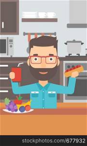 A hipster man with the beard holding a hotdog in one hand and soda in another on a kitchen background vector flat design illustration. Vertical layout.. Man with fast food.