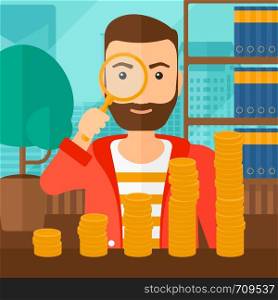 A hipster man with the beard holding a magnifier and looking at stacks of golden coins on the background of panoramic modern office with city view vector flat design illustration. Square layout.. Man with magnifier and golden coins.