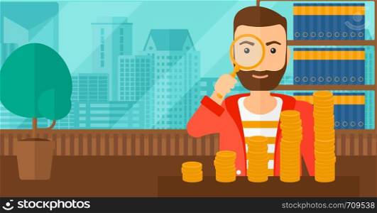 A hipster man with the beard holding a magnifier and looking at stacks of golden coins on the background of panoramic modern office with city view vector flat design illustration. Horizontal layout.. Man with magnifier and golden coins.