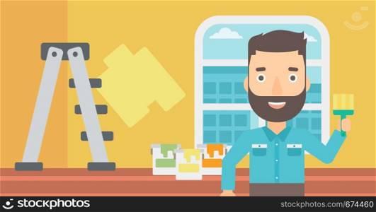 A hipster man with the beard holding a paint brush on a background of room with paint cans and ladder vector flat design illustration. Horizontal layout.. Painter with paint brush.