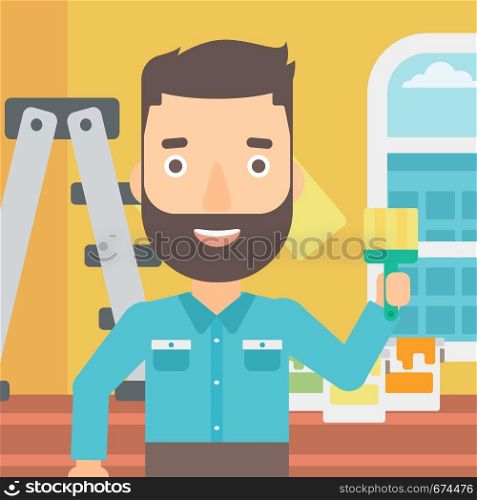 A hipster man with the beard holding a paint brush on a background of room with paint cans and ladder vector flat design illustration. Square layout.. Painter with paint brush.