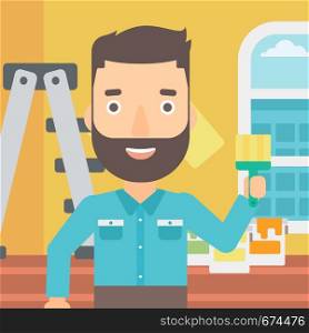 A hipster man with the beard holding a paint brush on a background of room with paint cans and ladder vector flat design illustration. Square layout.. Painter with paint brush.