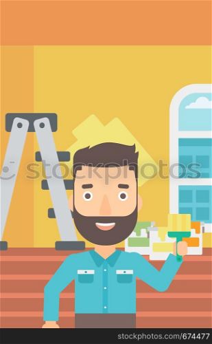 A hipster man with the beard holding a paint brush on a background of room with paint cans and ladder vector flat design illustration. Vertical layout.. Painter with paint brush.