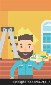 A hipster man with the beard holding a paint brush on a background of room with paint cans and ladder vector flat design illustration. Vertical layout.. Painter with paint brush.