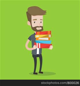 A hipster man with the beard holding a pile of educational books in hands. Smiling student carrying huge stack of books. Concept of education. Vector flat design illustration. Square layout.. Man holding pile of books vector illustration.