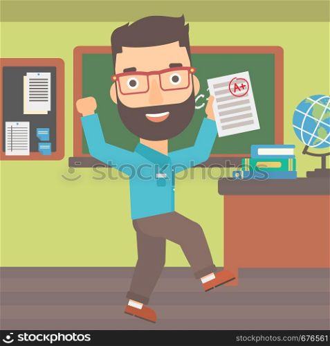 A hipster man with the beard holding a sheet with the highest mark on the background of classroom vector flat design illustration. Square layout.. Pupil received best mark.